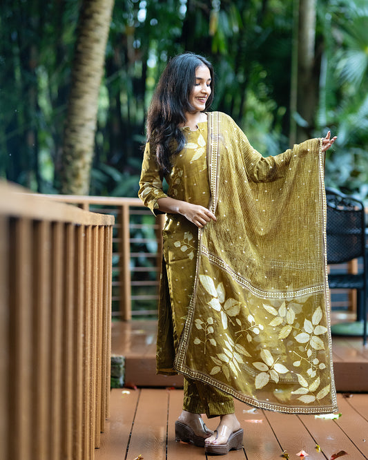 Olive Green Pure Organza Kurti Set