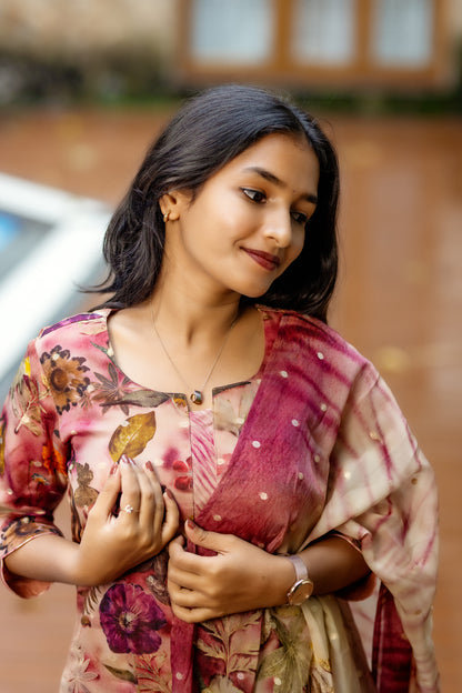 Vintage Floral Organza Kurti Set