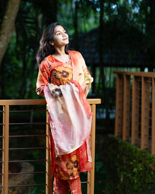 Coral Floral Print Organza Kurti Set