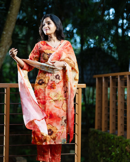 Coral Floral Print Organza Kurti Set