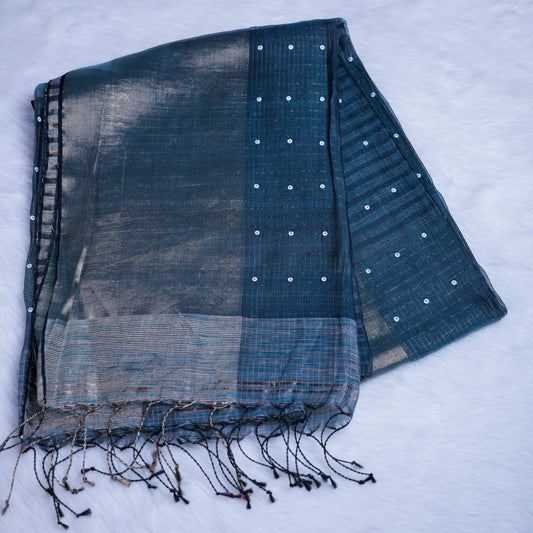 Deep Teal & Golden Tissue Silk Saree with Polka Dot & Zari Weave