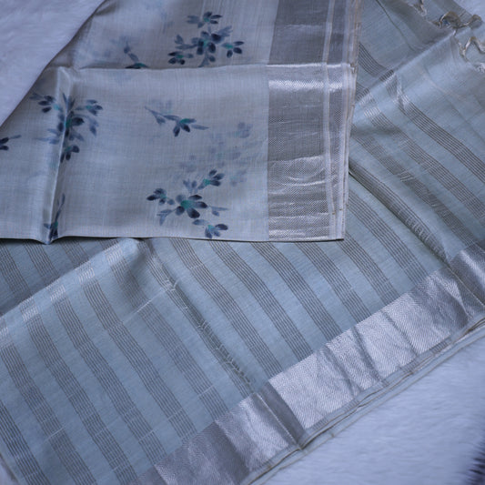 Serene Silver Grey Linen Saree with Blue Floral Prints