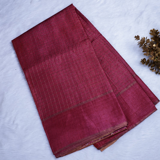 Enchanting Maroon Tissue Silk Saree with Floral Vines & Bandhani Dots