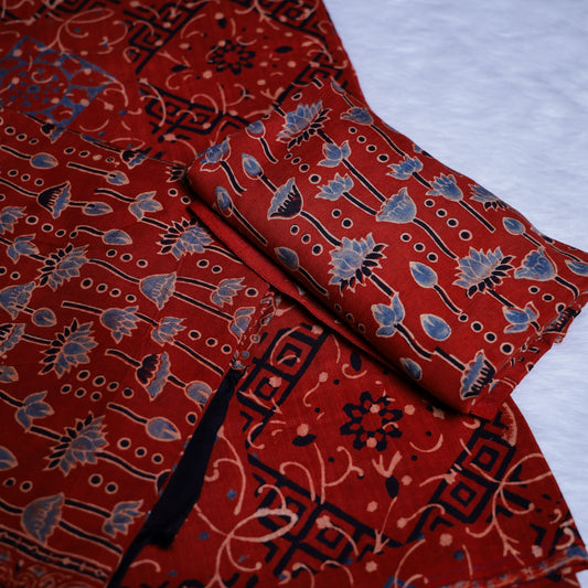 Rustic Red Hand-Printed Chudi Set with Lotus & Geometric Motifs