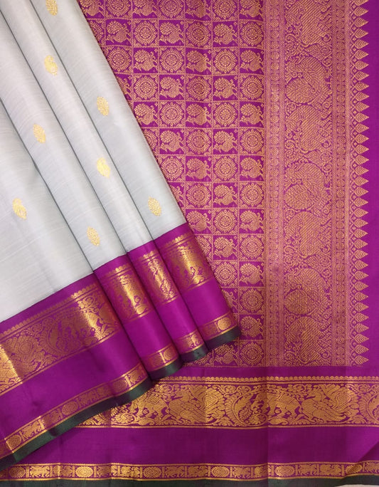 Ash Grey & Royal Purple Contrast Silk Saree with Gold Zari