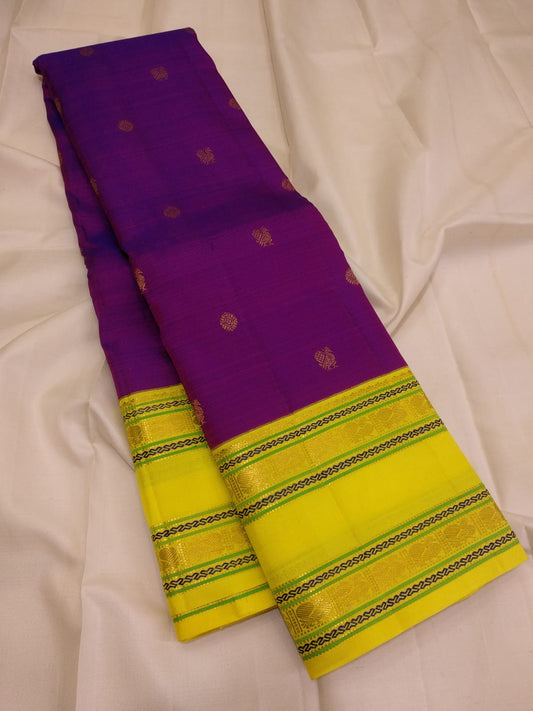 Handloom Kanchipuram Silk Saree – Royal Purple with Sunshine Yellow Zari Border