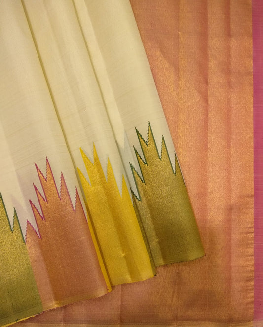 The Varna Gopuram Ivory Silk Saree