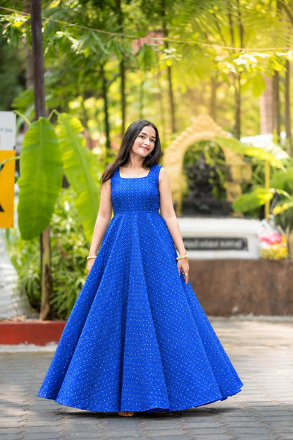 Vibrant Peacock Blue Foil-Printed Anarkali Dress